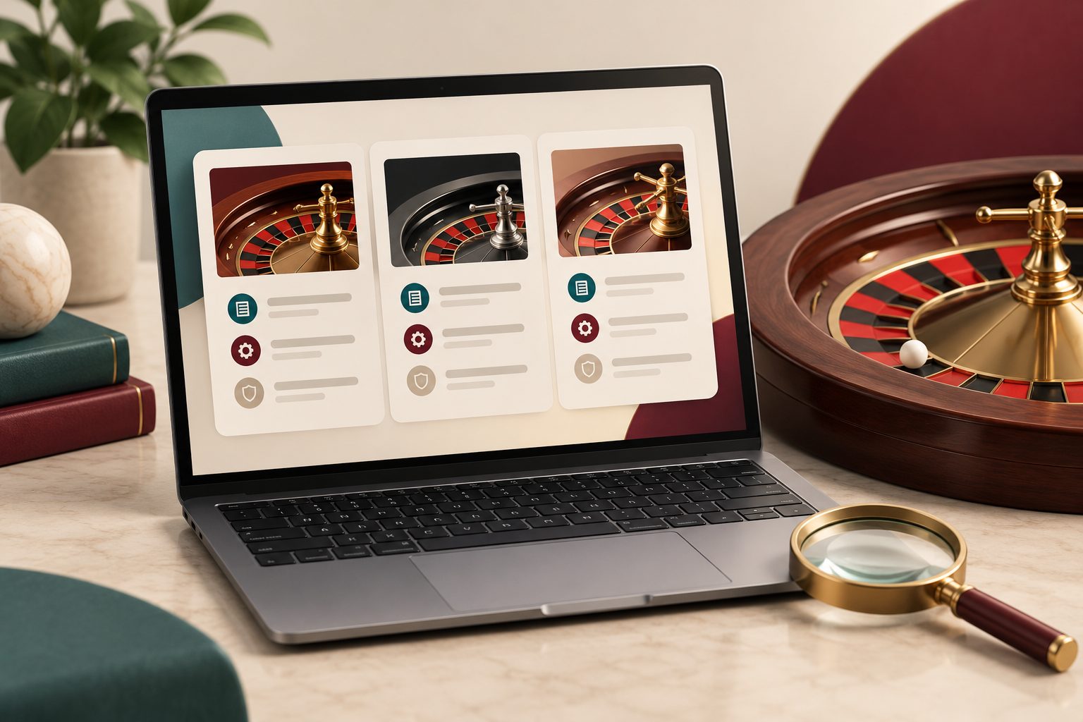 Laptop and magnifying glass illustrating roulette casino research
