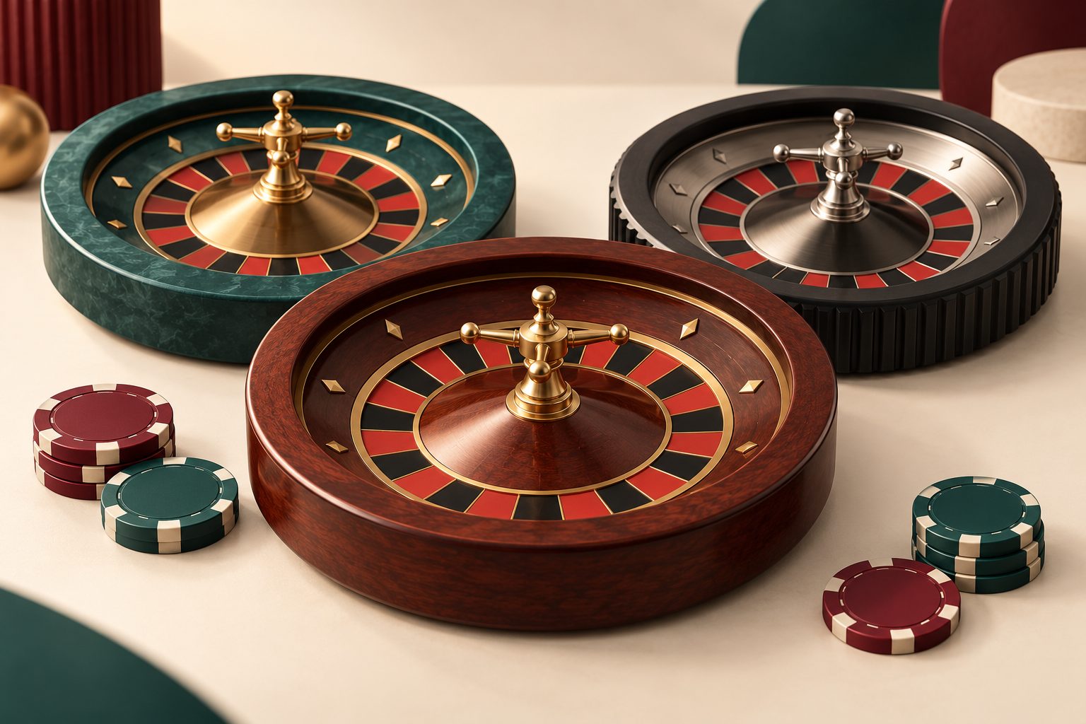 Three stylised roulette wheels illustrating different game formats